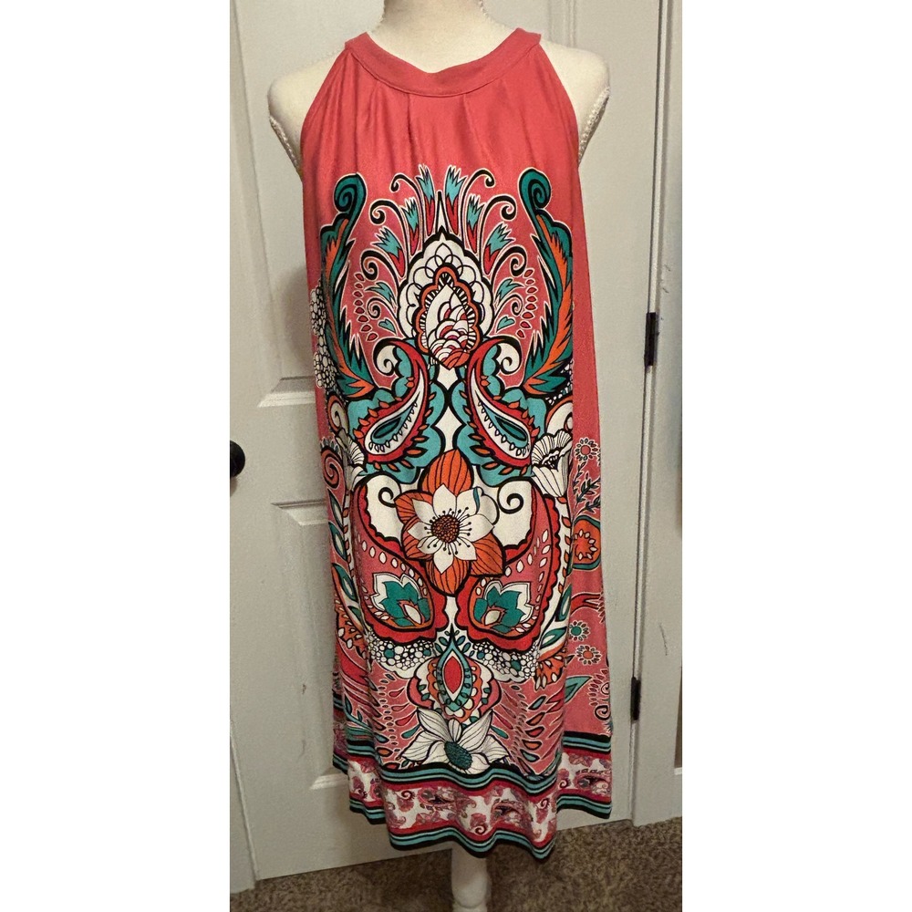 NY & Co Pink coral Paisley Floral Medallion Halter Spring Wedding Guest Dress